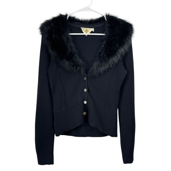 Vintage Y2K Anthropologie HWR Size Small Black Faux Fur Collar Cardigan Sweater - Picture 1 of 6